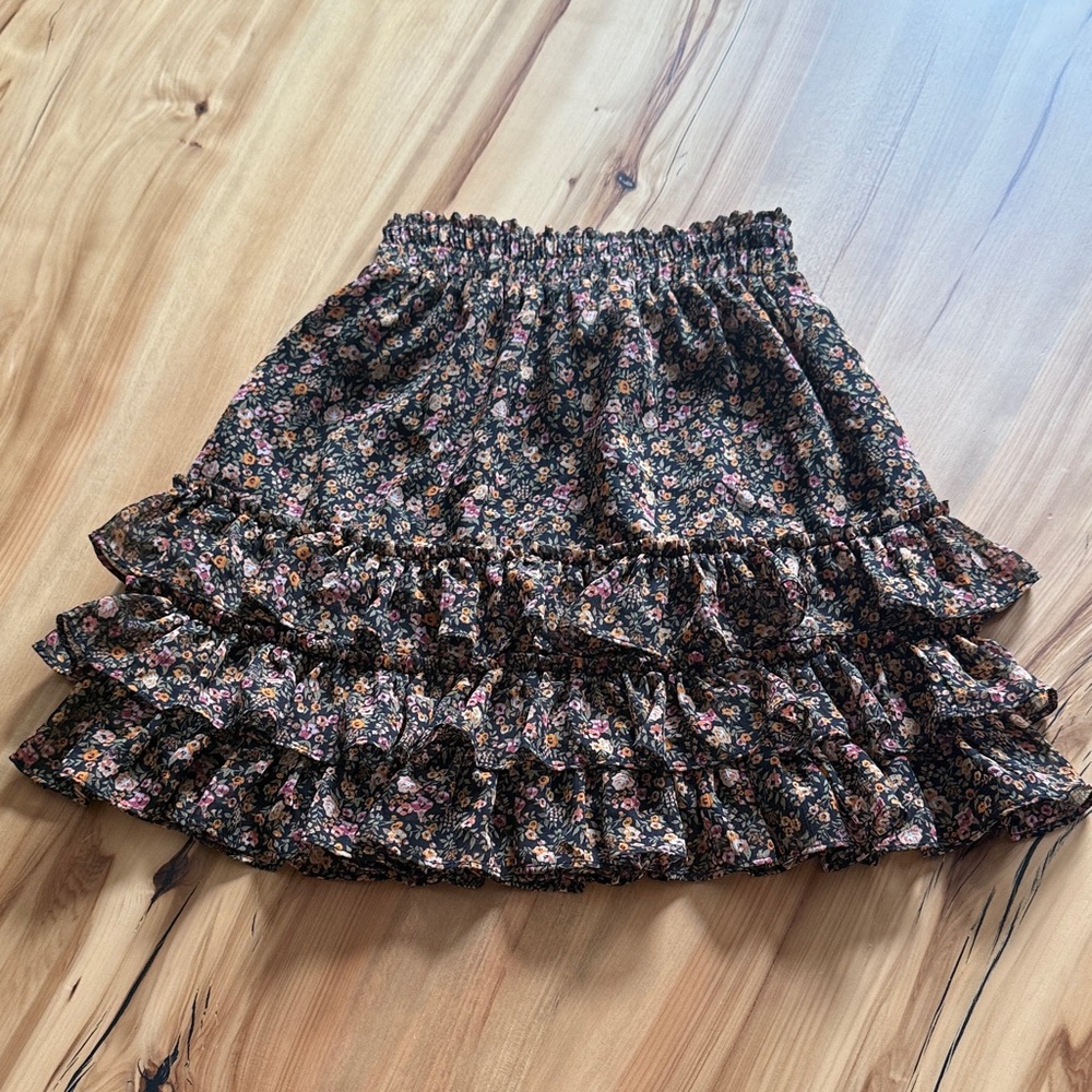 MINKPINK Black Floral Ruffle Tiered Mini Skirt with Pink & Brown Accents